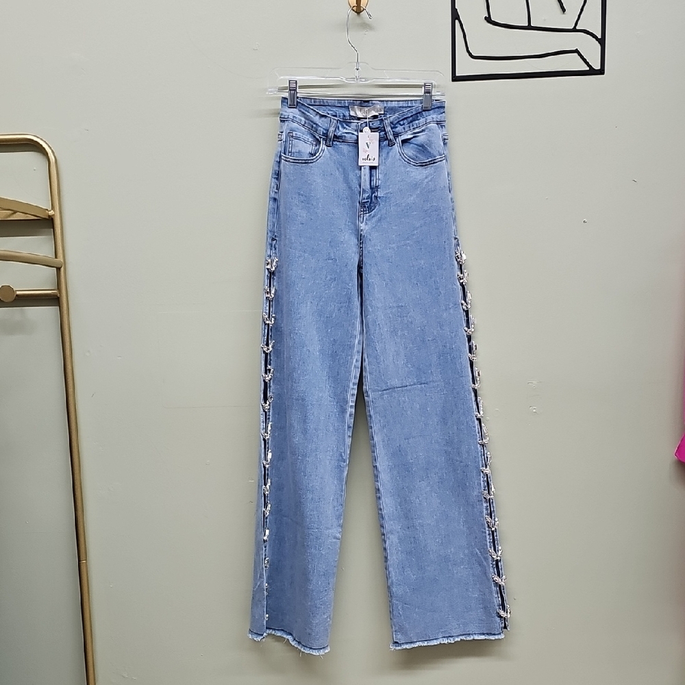 Elegant Light Blue Flare Women Jeans with Side Accents